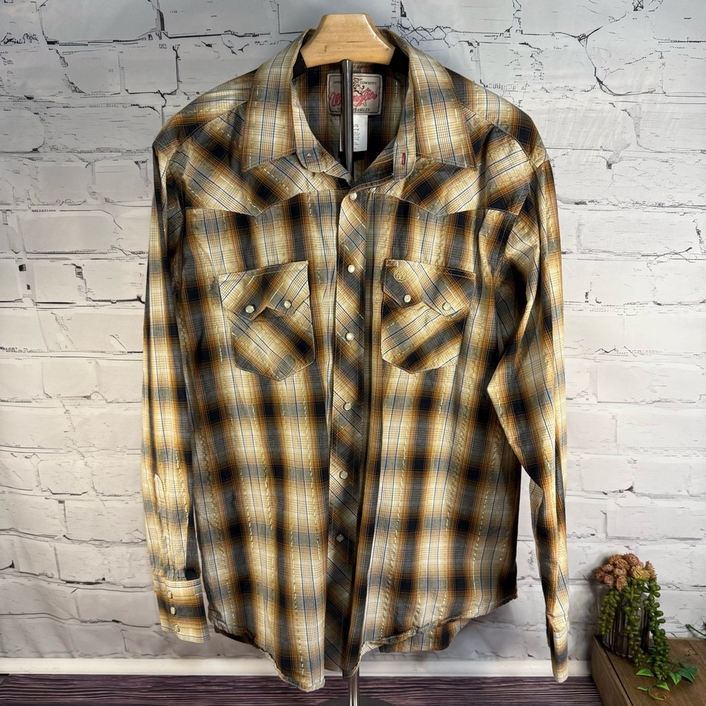 Wrangler Yellow Brown Plaid Western Snap-Front Shirt